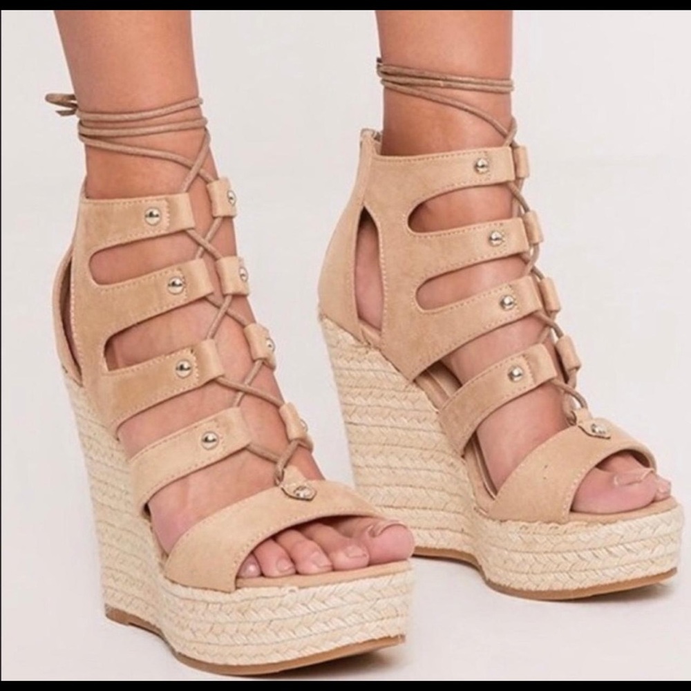 New in box nude lace up wedges